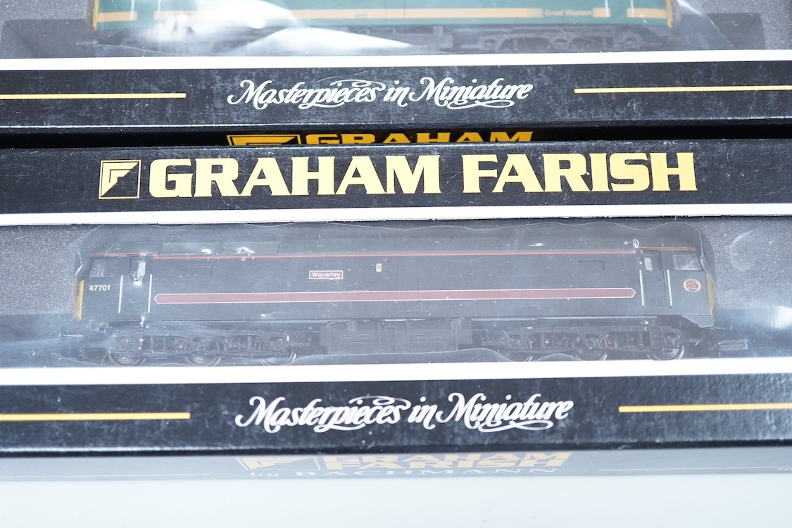 Three boxed Graham Farish N gauge railway Class 47 Co-Co diesel-electric locomotives; a First Great Western, 47832 (371226), a BR, D1505 (371-231), and a Fragonset Railways, Waverley 47701 (371227).
